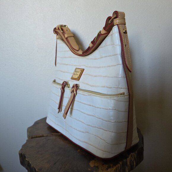 Dooney & Bourke Croco Embossed Leather Hobo Shoulder Bag Ivory Tan Trim - Picture 3 of 16